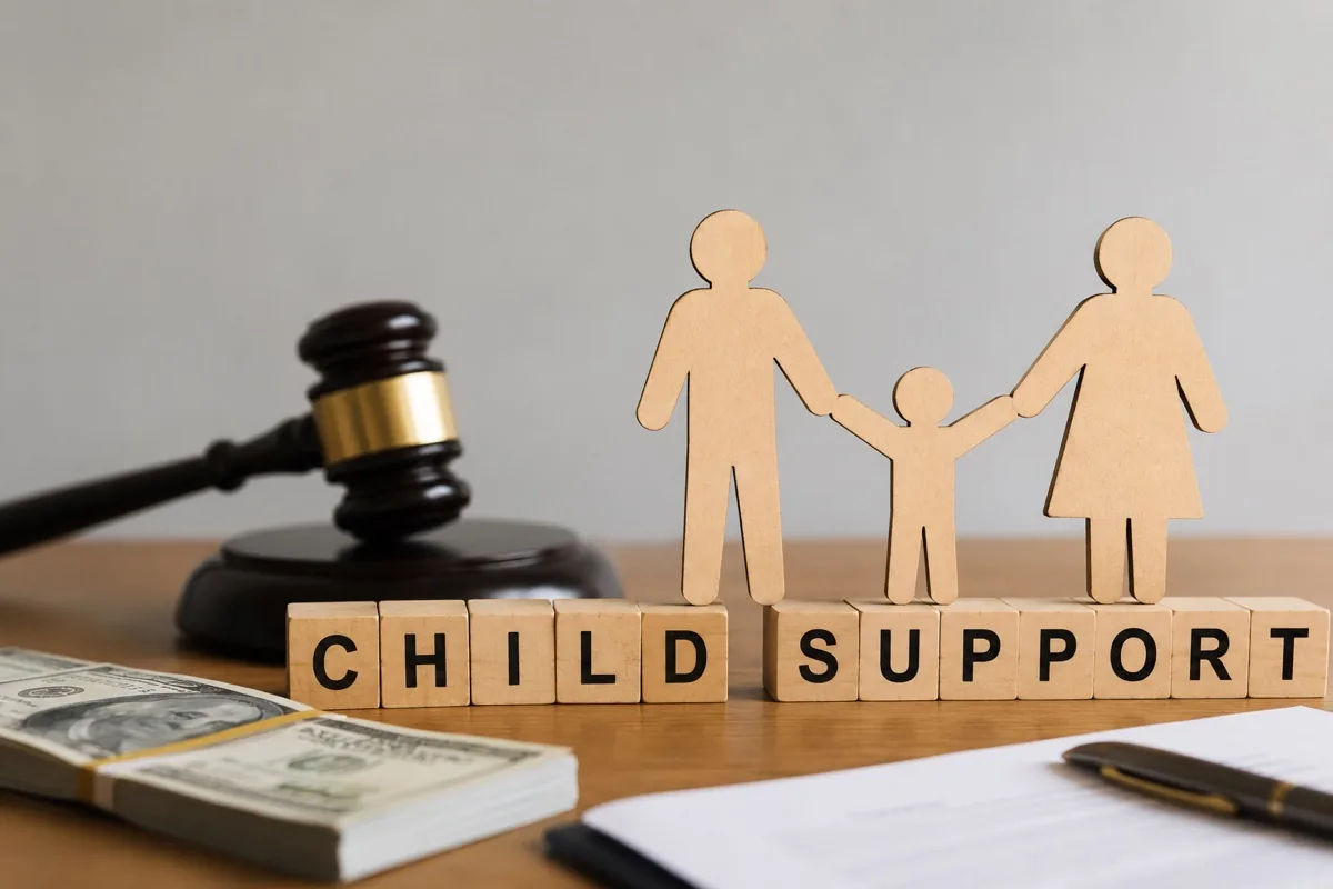 Child Support spelled in blocks with family figures, a gavel, and cash