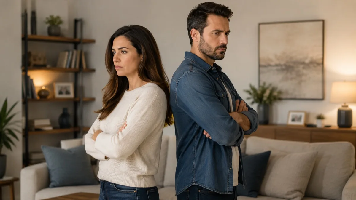 A couple standing apart in conflict at home